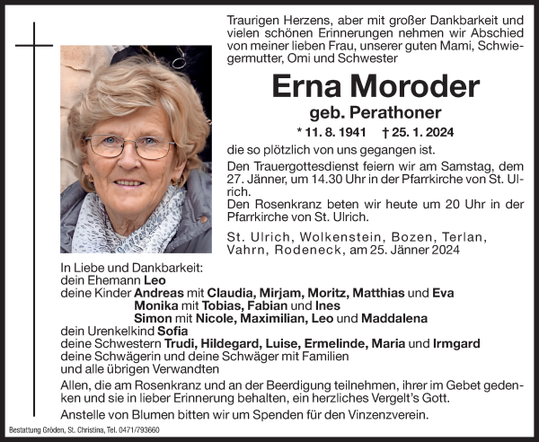 Traueranzeige von Erna Moroder von Dolomiten