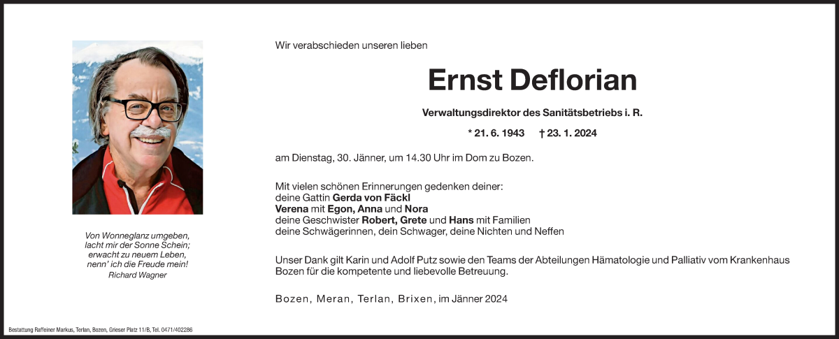  Traueranzeige für Ernst Deflorian vom 26.01.2024 aus Dolomiten