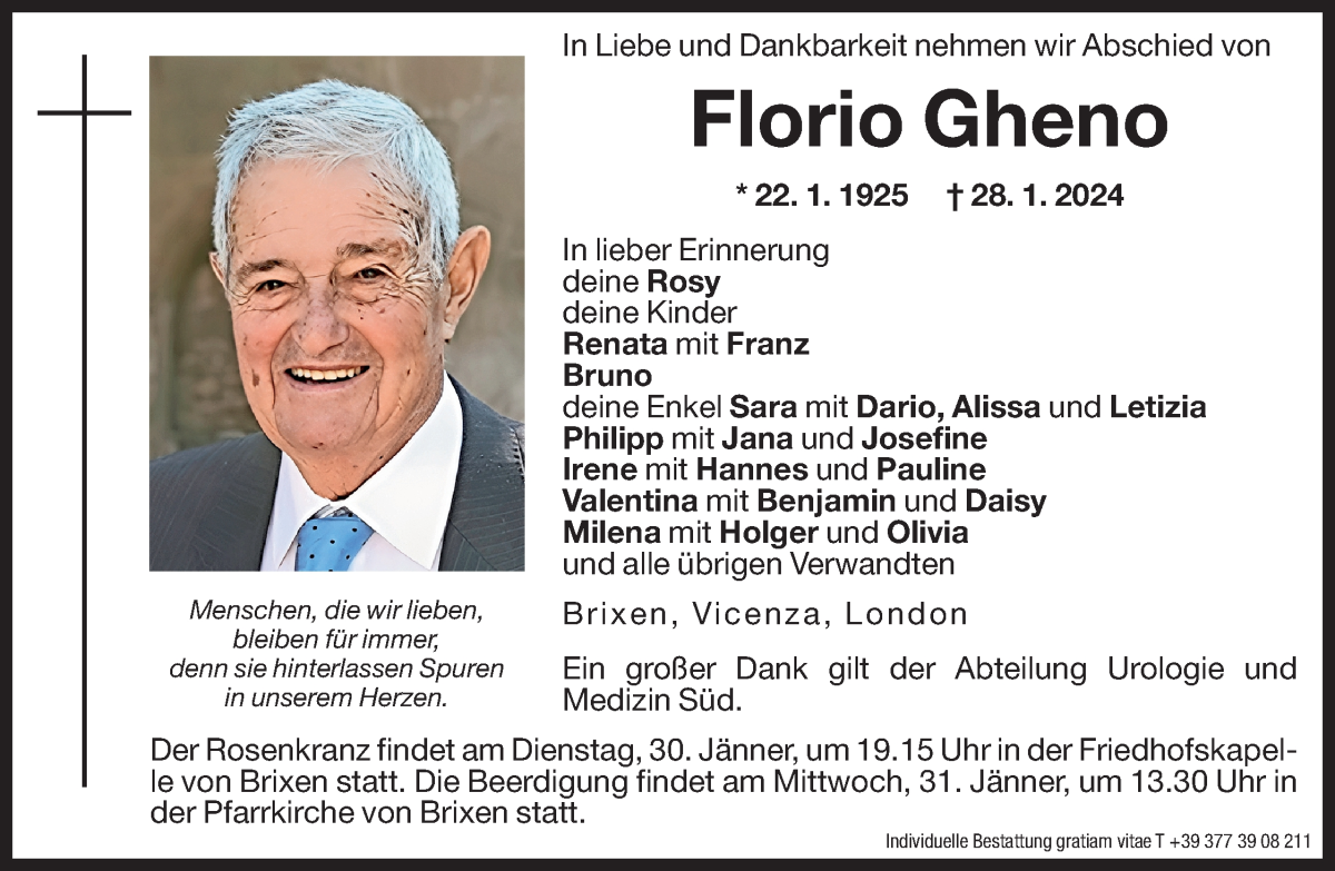  Traueranzeige für Florio  Gheno vom 30.01.2024 aus Dolomiten