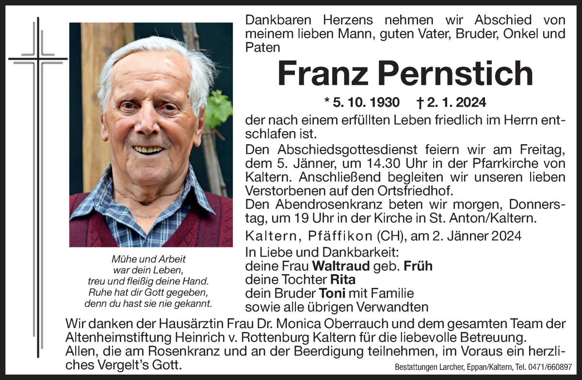  Traueranzeige für Franz Pernstich vom 03.01.2024 aus Dolomiten