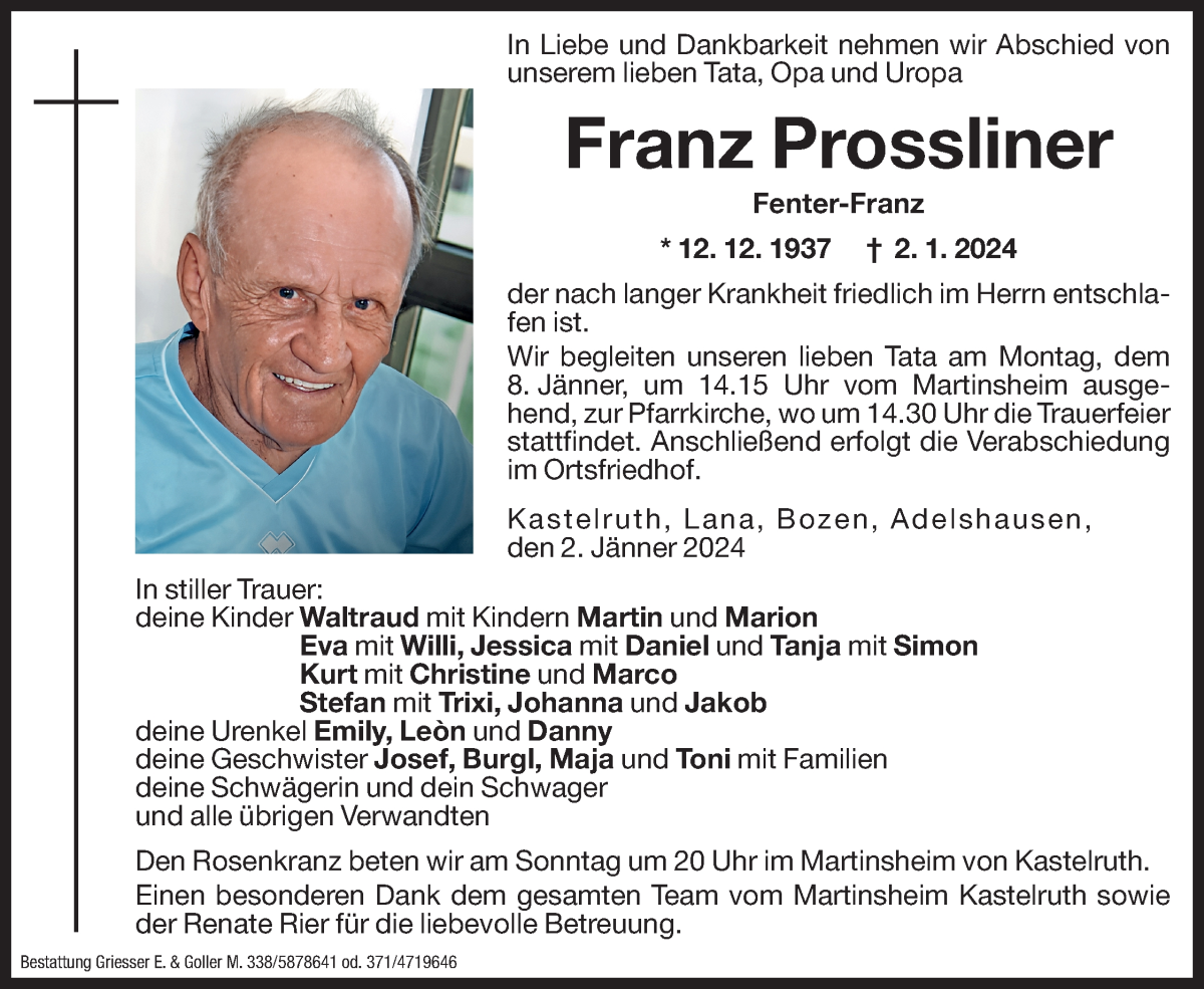  Traueranzeige für Franz Prossliner vom 05.01.2024 aus Dolomiten
