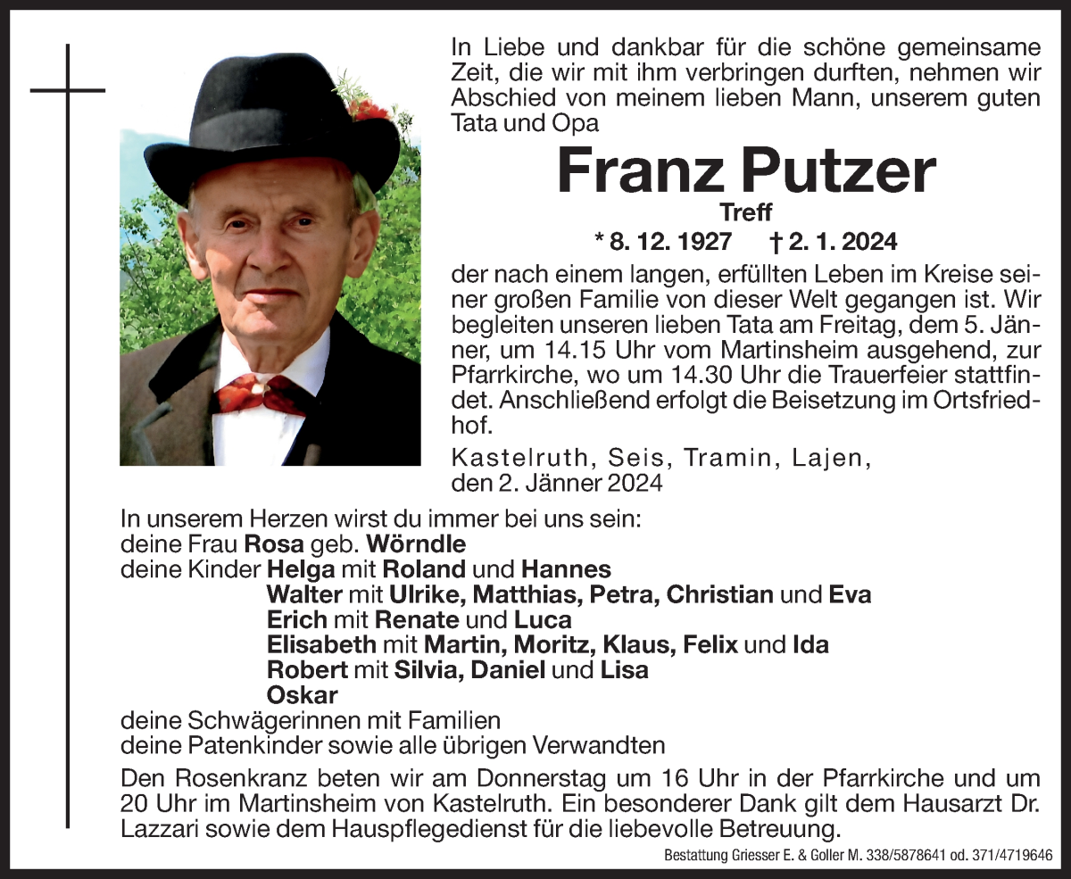  Traueranzeige für Franz Putzer vom 03.01.2024 aus Dolomiten