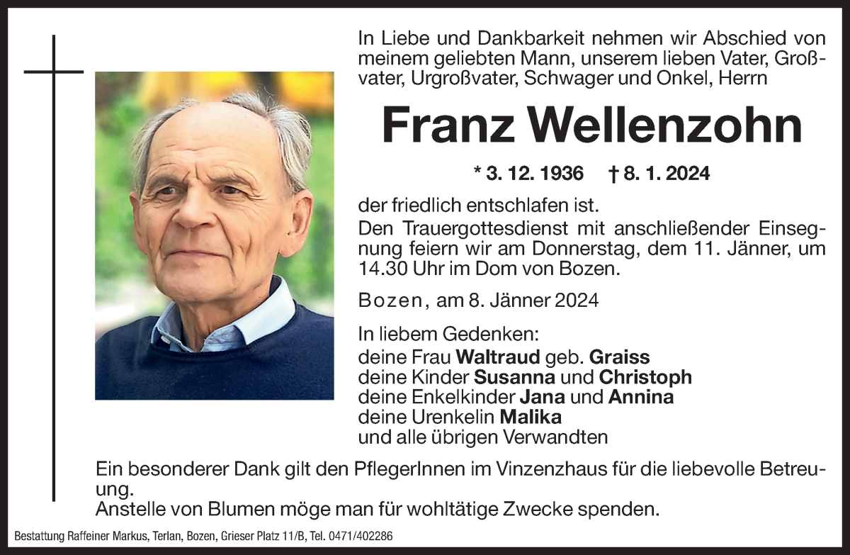  Traueranzeige für Franz Wellenzohn vom 10.01.2024 aus Dolomiten