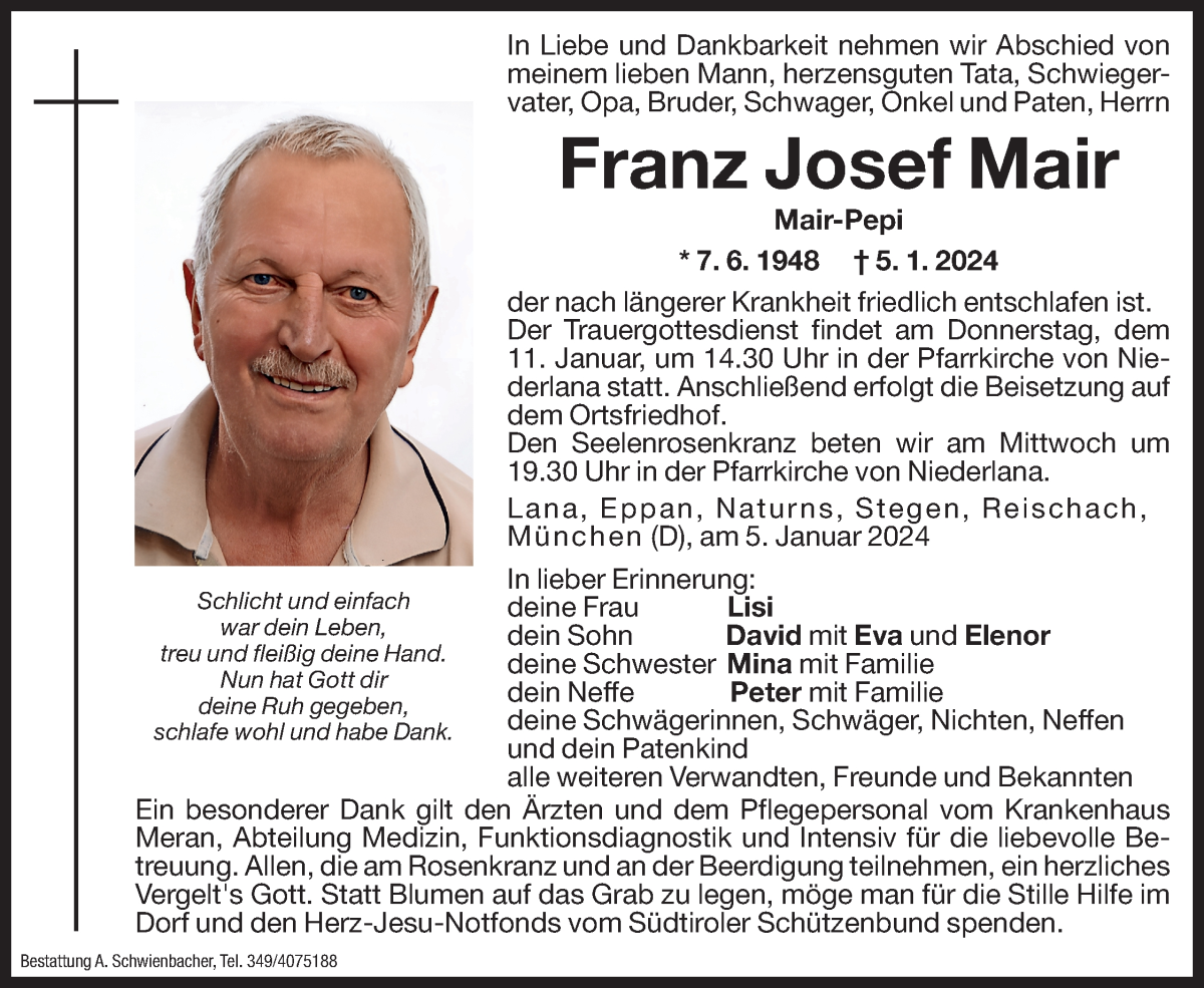  Traueranzeige für Franz Josef Mair vom 08.01.2024 aus Dolomiten