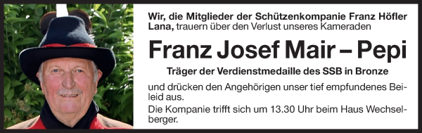 Traueranzeige von Franz Josef Mair von Dolomiten