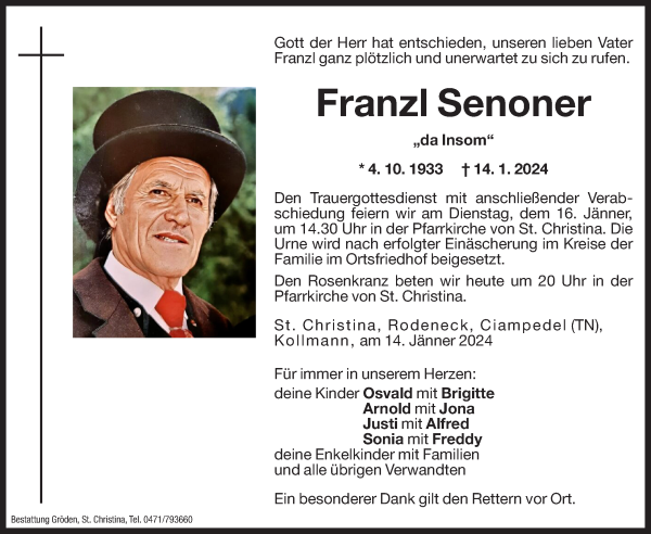 Traueranzeige von Franzl Senoner von Dolomiten