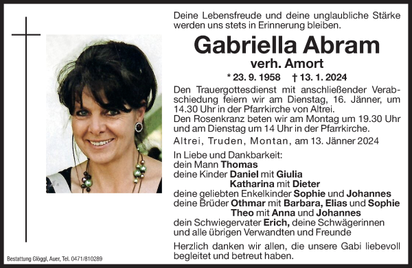 Traueranzeige von Gabriella Amort von Dolomiten