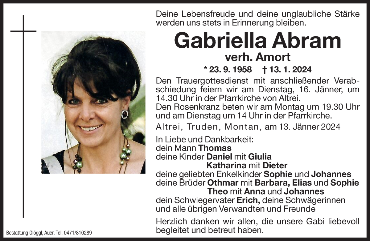  Traueranzeige für Gabriella Amort vom 15.01.2024 aus Dolomiten