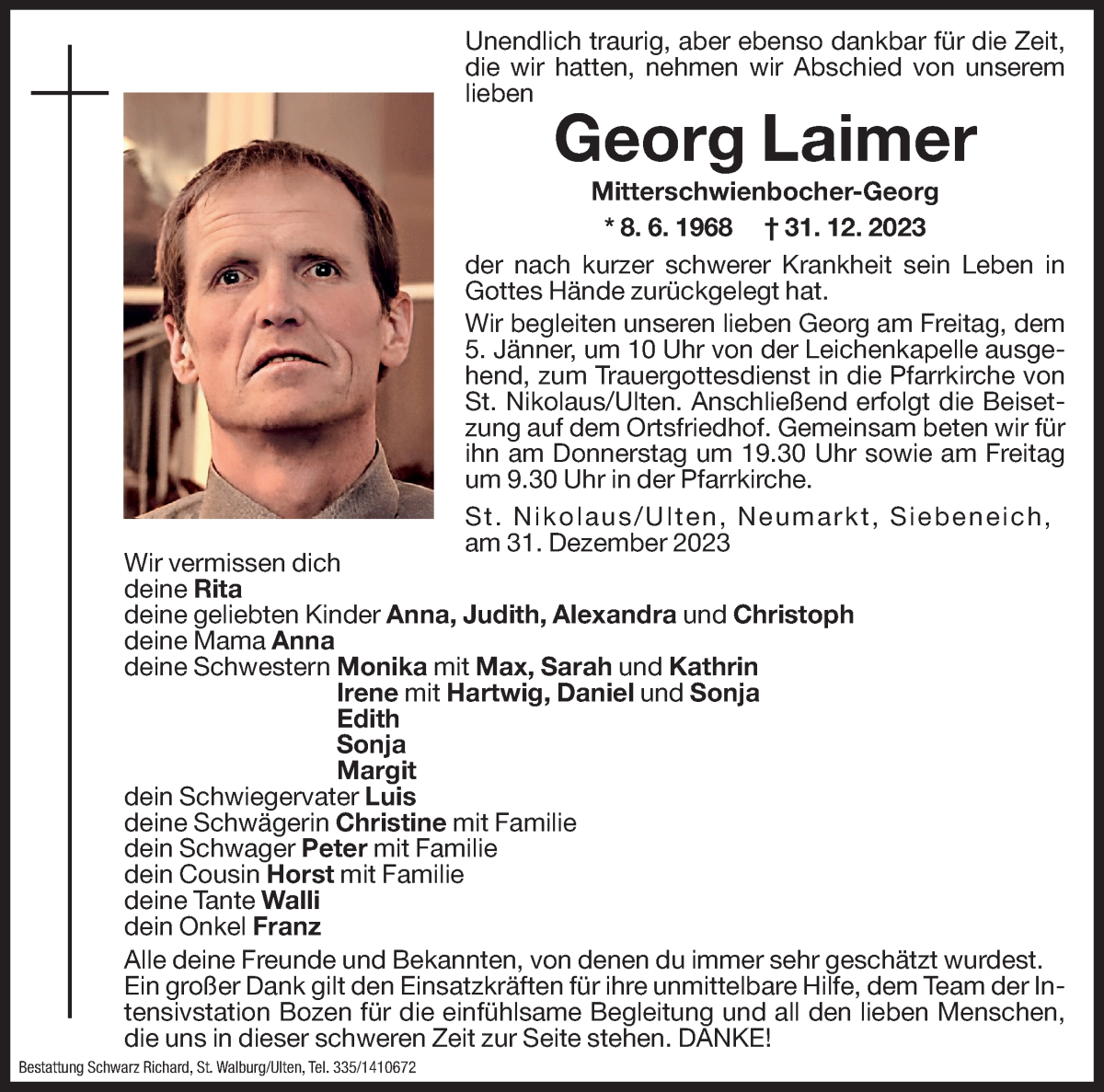  Traueranzeige für Georg Laimer vom 03.01.2024 aus Dolomiten