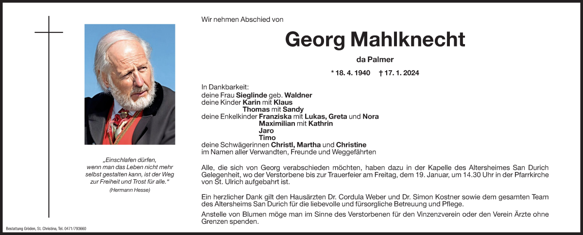 Traueranzeige für Georg Mahlknecht vom 18.01.2024 aus Dolomiten