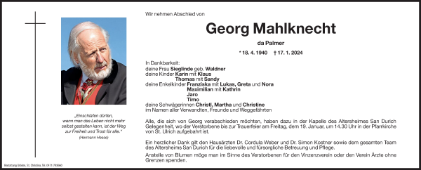 Traueranzeige von Georg Mahlknecht von Dolomiten