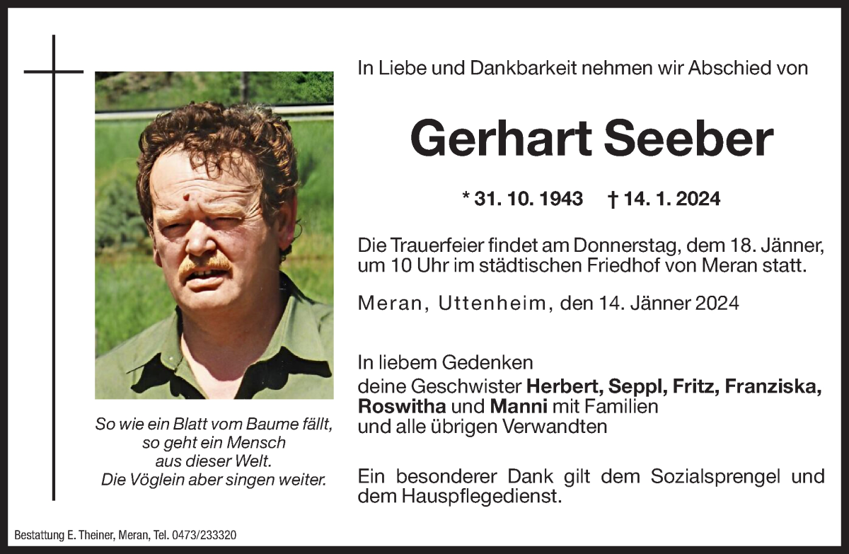  Traueranzeige für Gerhart Seeber vom 16.01.2024 aus Dolomiten