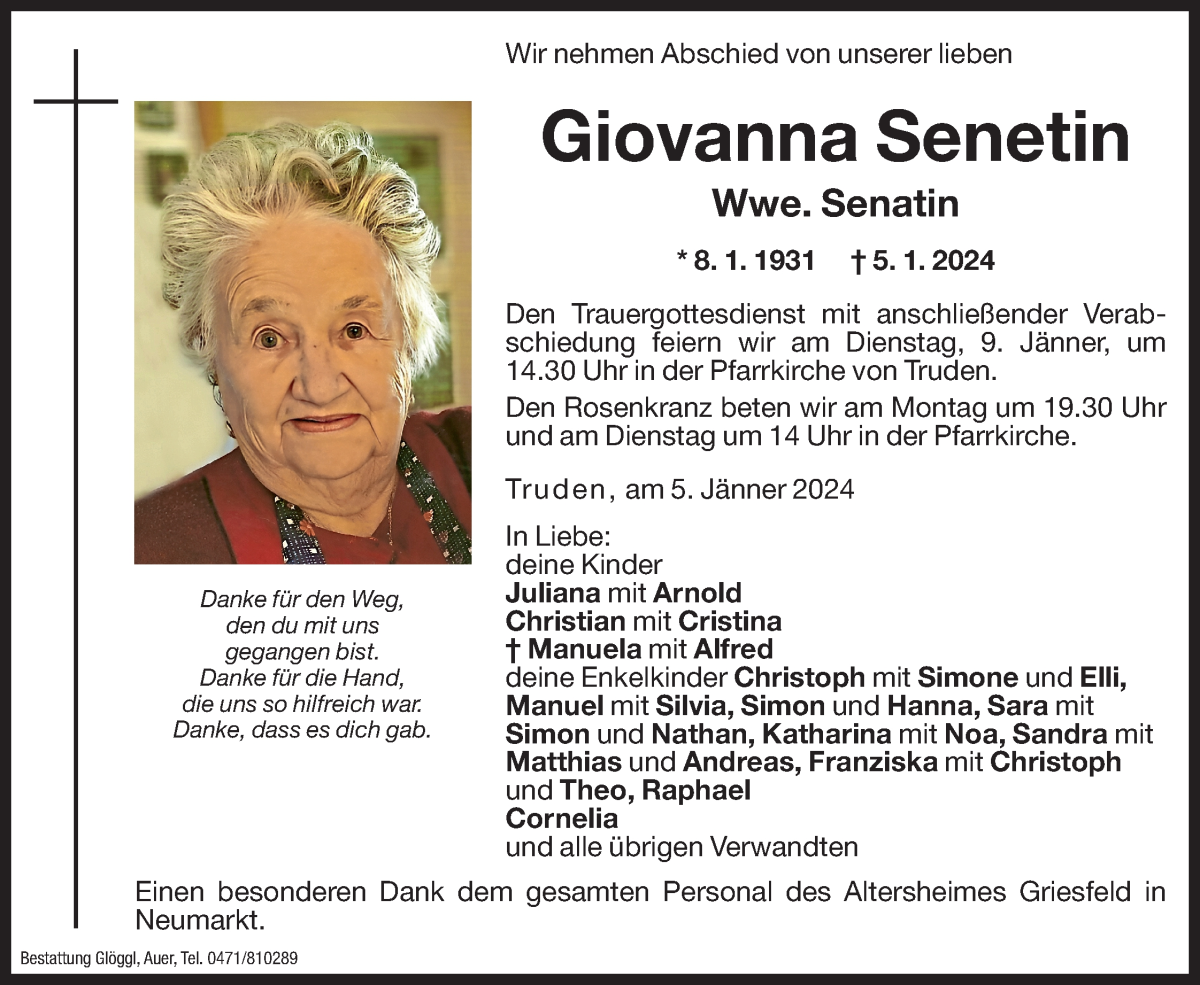  Traueranzeige für Giovanna Senatin vom 08.01.2024 aus Dolomiten