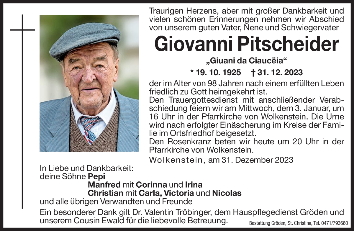  Traueranzeige für Giovanni Pitscheider vom 02.01.2024 aus Dolomiten