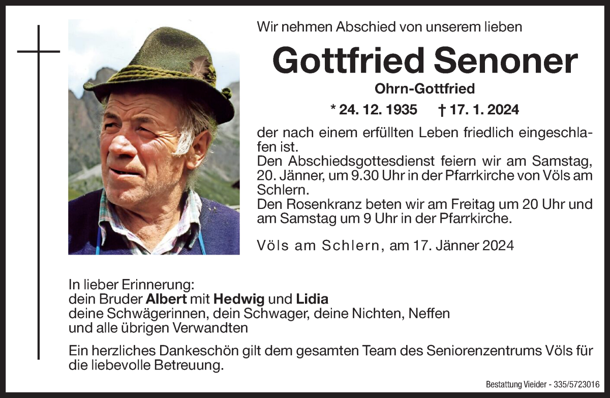 Traueranzeige für Gottfried Senoner vom 19.01.2024 aus Dolomiten