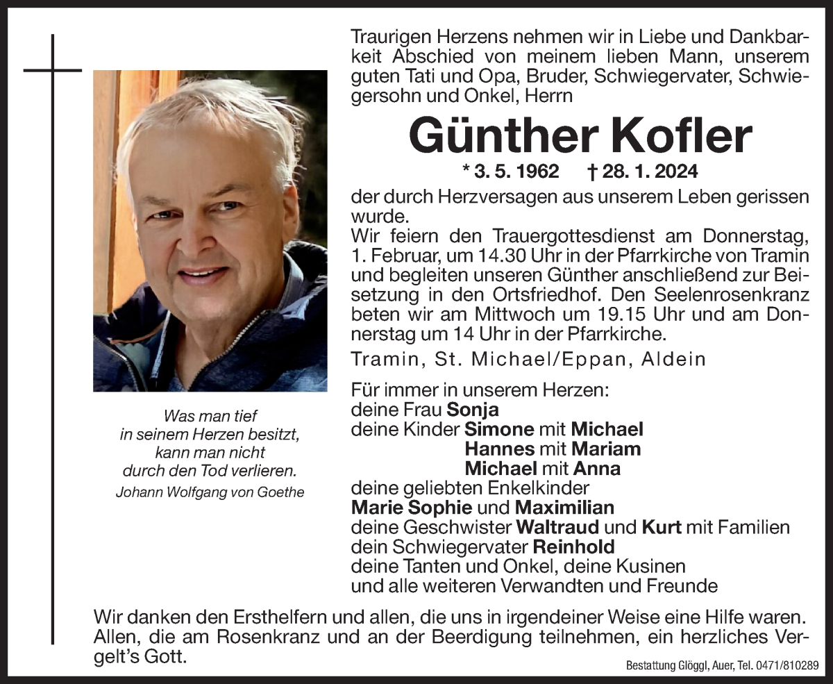  Traueranzeige für Günther Kofler vom 31.01.2024 aus Dolomiten
