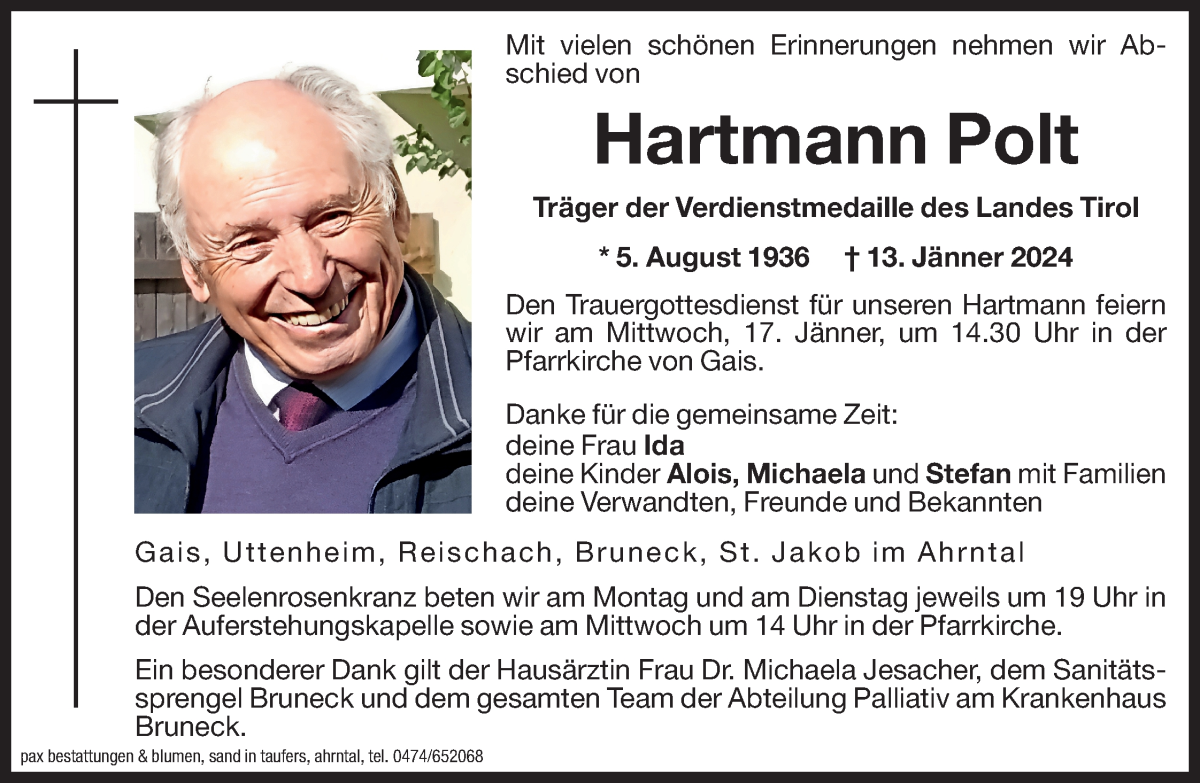  Traueranzeige für Hartmann Polt vom 15.01.2024 aus Dolomiten