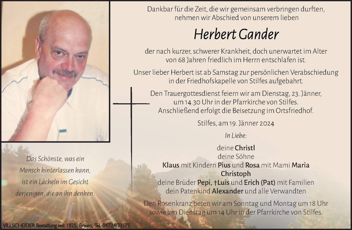  Traueranzeige für Herbert Gander vom 20.01.2024 aus Dolomiten