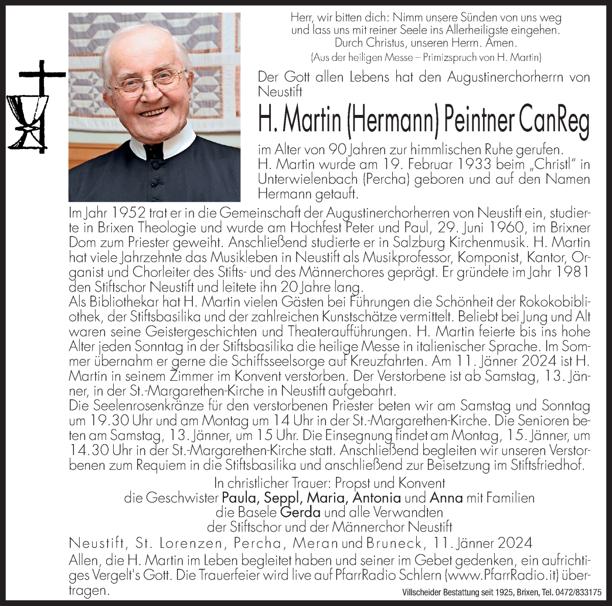  Traueranzeige für Hermann (H. Martin) Peintner vom 13.01.2024 aus Dolomiten
