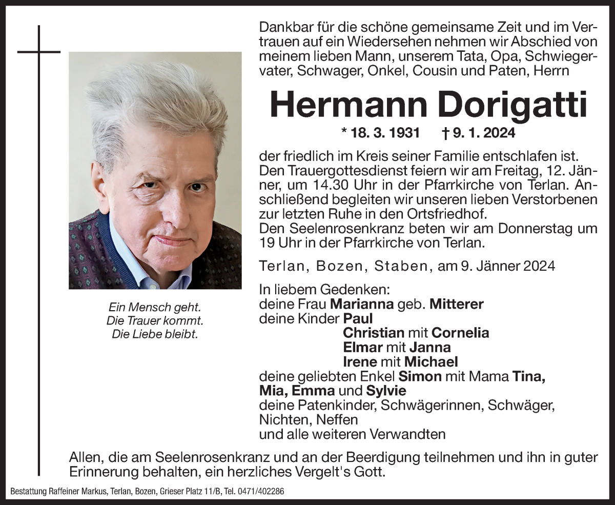  Traueranzeige für Hermann Dorigatti vom 10.01.2024 aus Dolomiten