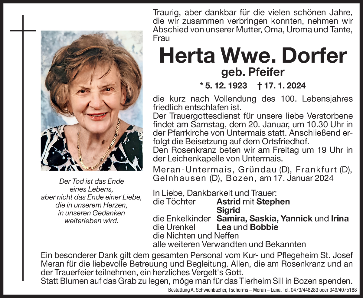  Traueranzeige für Herta Dorfer vom 18.01.2024 aus Dolomiten