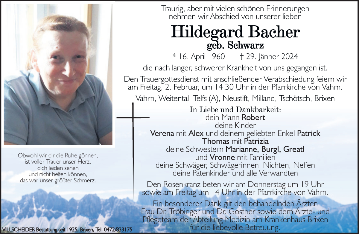  Traueranzeige für Hildegard Bacher vom 31.01.2024 aus Dolomiten
