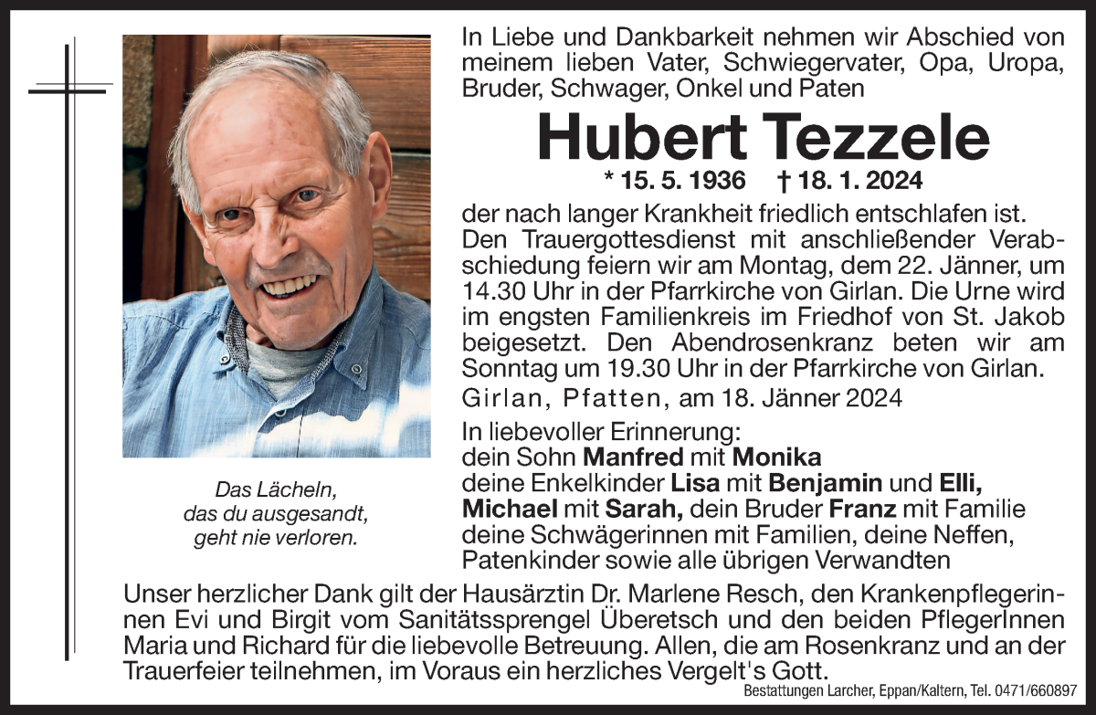  Traueranzeige für Hubert Tezzele vom 19.01.2024 aus Dolomiten