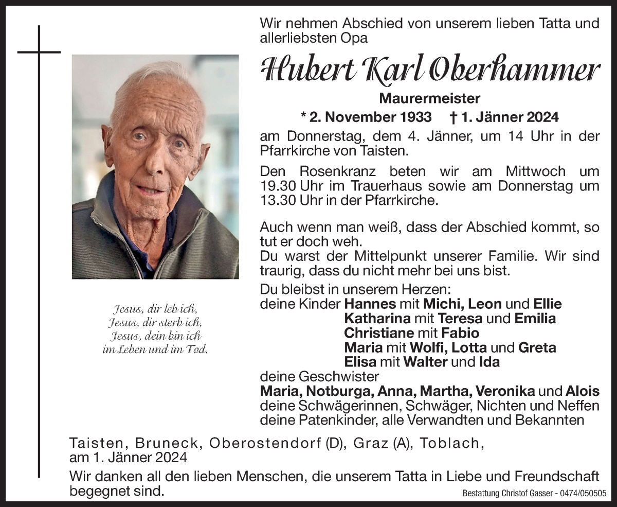  Traueranzeige für Hubert Karl Oberhammer vom 03.01.2024 aus Dolomiten