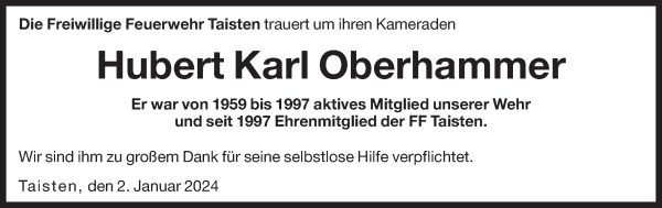 Traueranzeige von Hubert Karl Oberhammer von Dolomiten