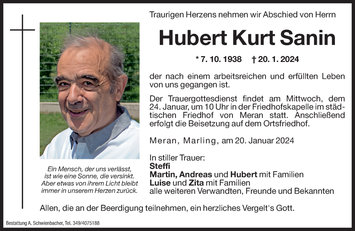  Traueranzeige für Hubert Kurt Sanin vom 22.01.2024 aus Dolomiten
