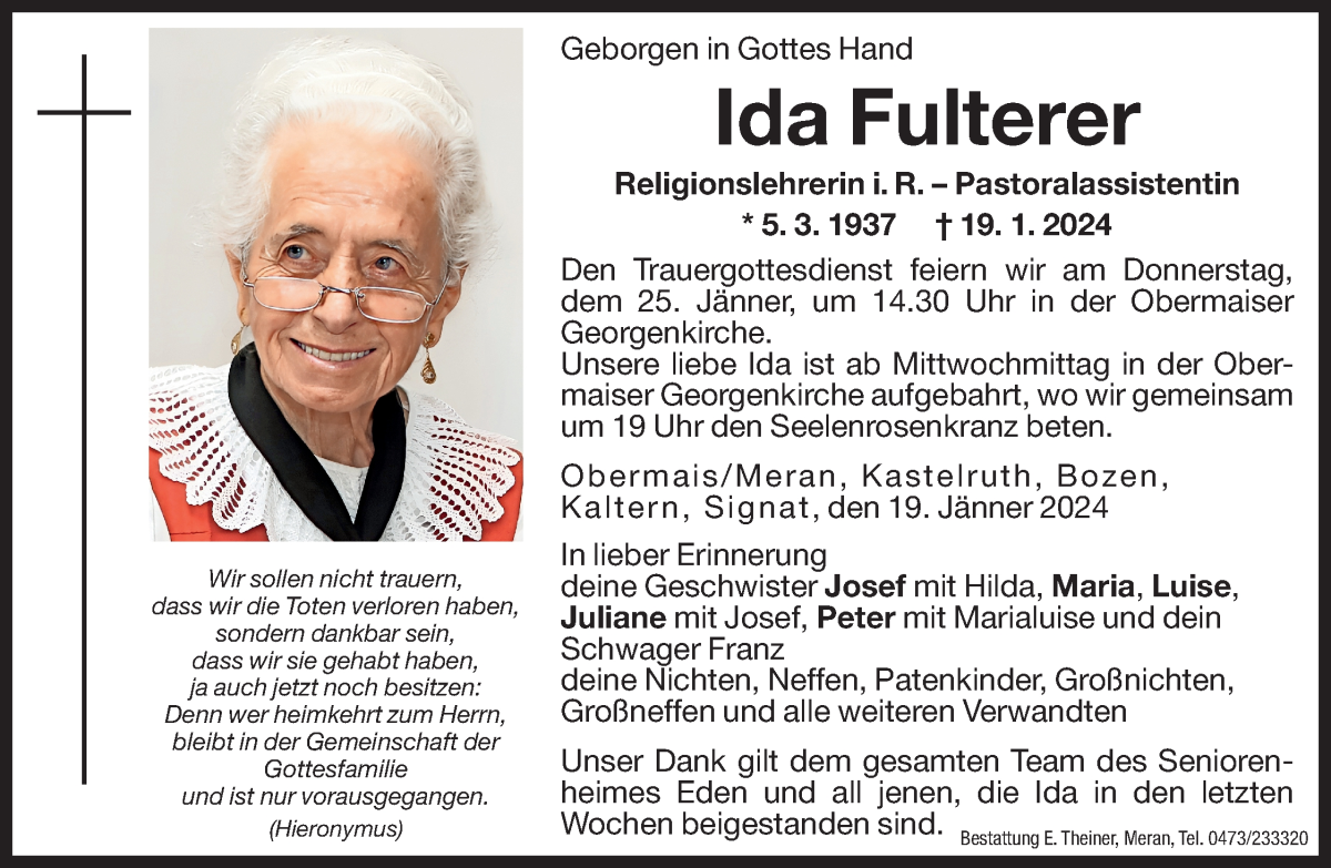  Traueranzeige für Ida Fulterer vom 23.01.2024 aus Dolomiten