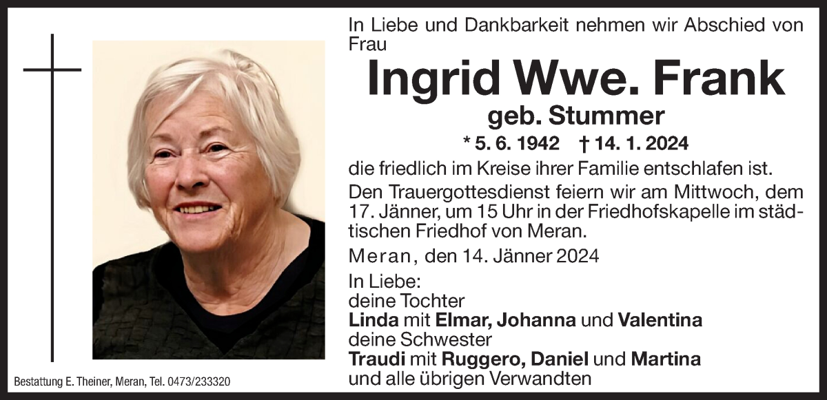  Traueranzeige für Ingrid Frank vom 16.01.2024 aus Dolomiten