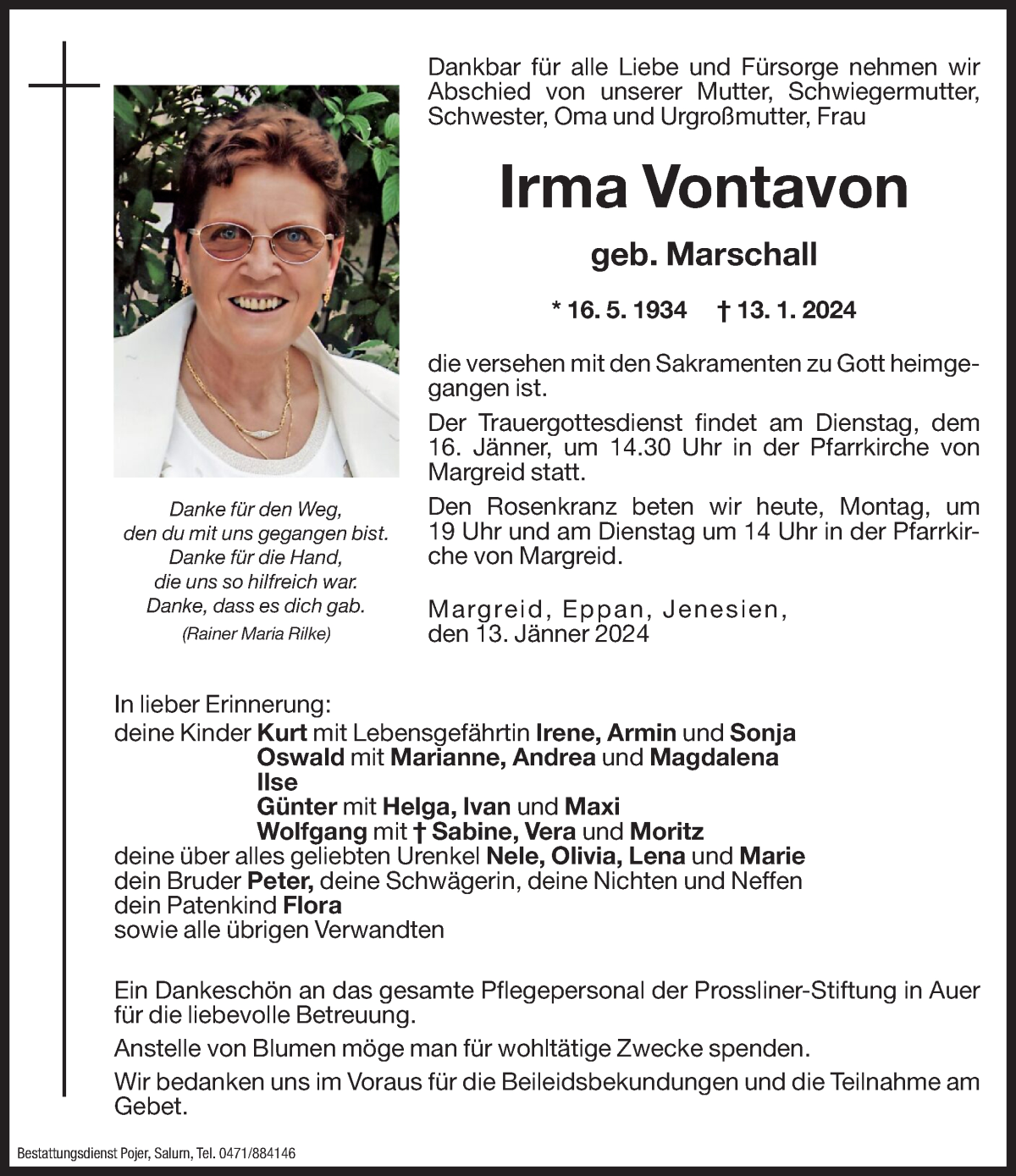 Traueranzeige für Irma Vontavon vom 15.01.2024 aus Dolomiten
