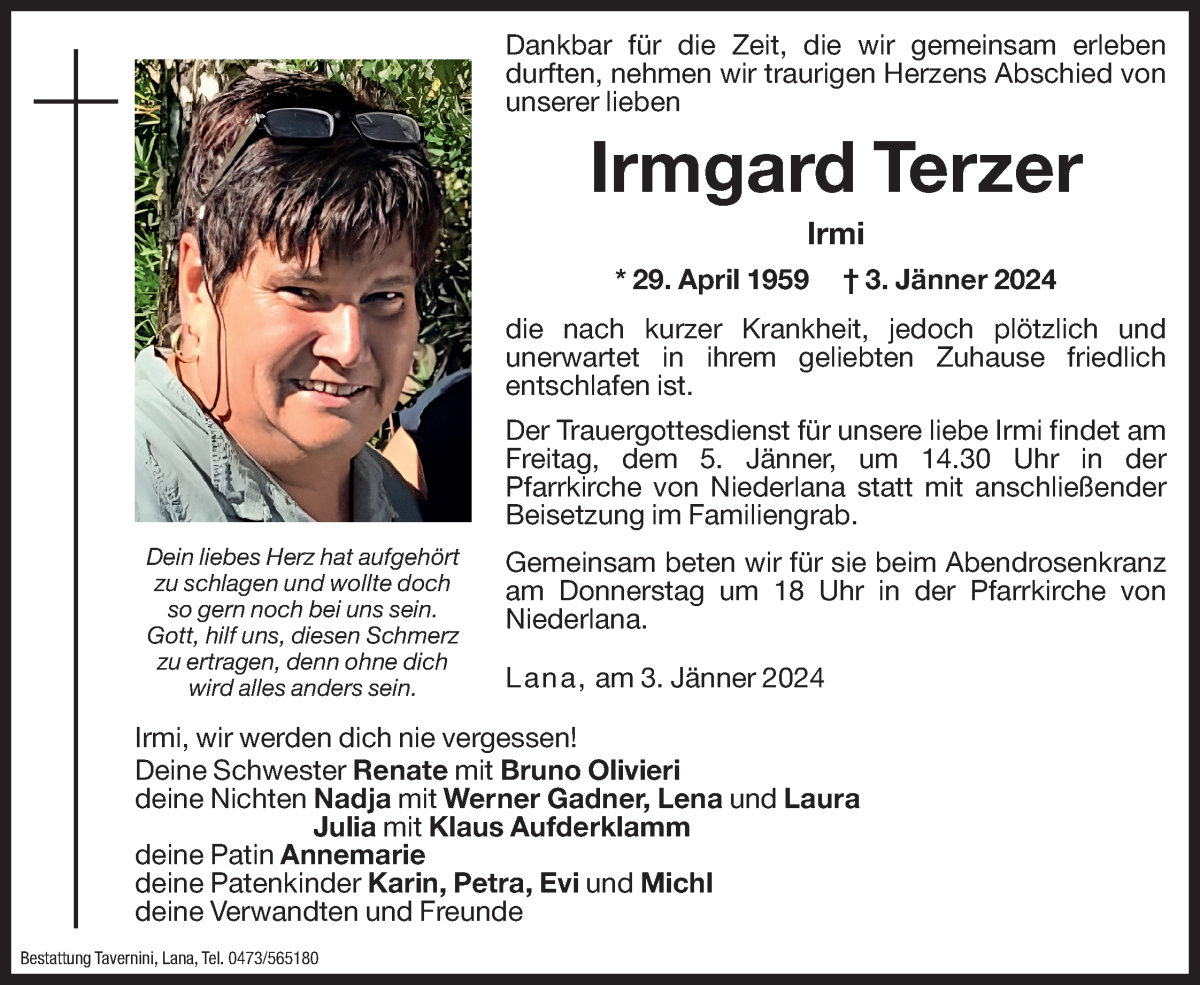  Traueranzeige für Irmgard Terzer vom 04.01.2024 aus Dolomiten