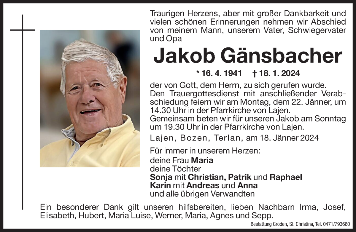  Traueranzeige für Jakob Gänsbacher vom 20.01.2024 aus Dolomiten