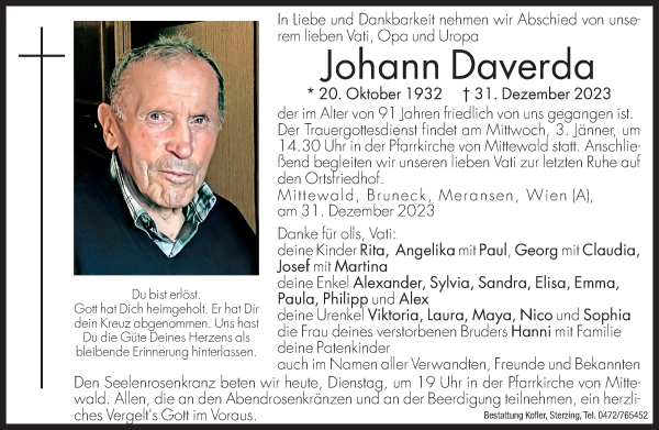 Traueranzeige von Johann Daverda von Dolomiten