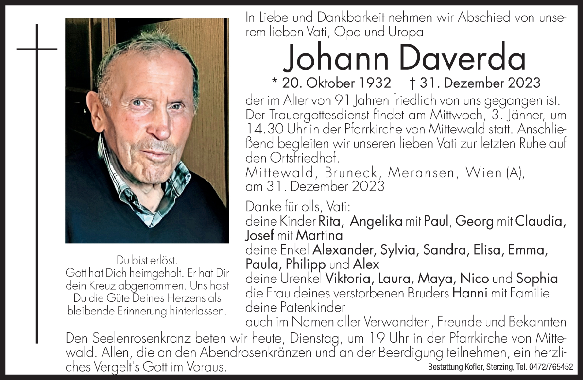  Traueranzeige für Johann Daverda vom 02.01.2024 aus Dolomiten
