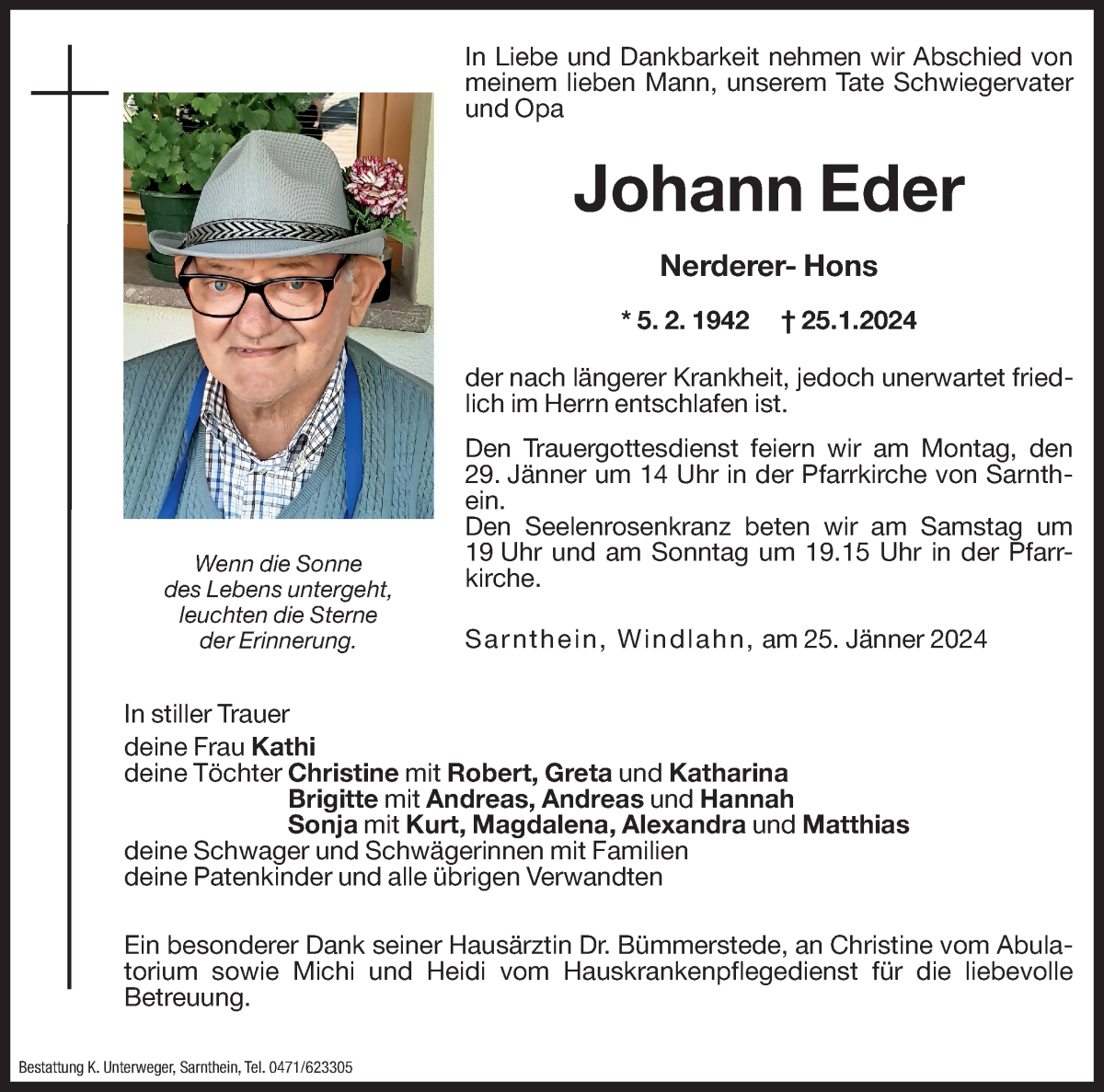  Traueranzeige für Johann Eder vom 27.01.2024 aus Dolomiten