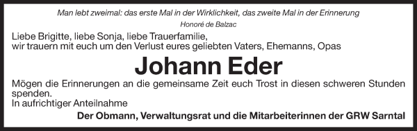 Traueranzeige von Johann Eder von Dolomiten