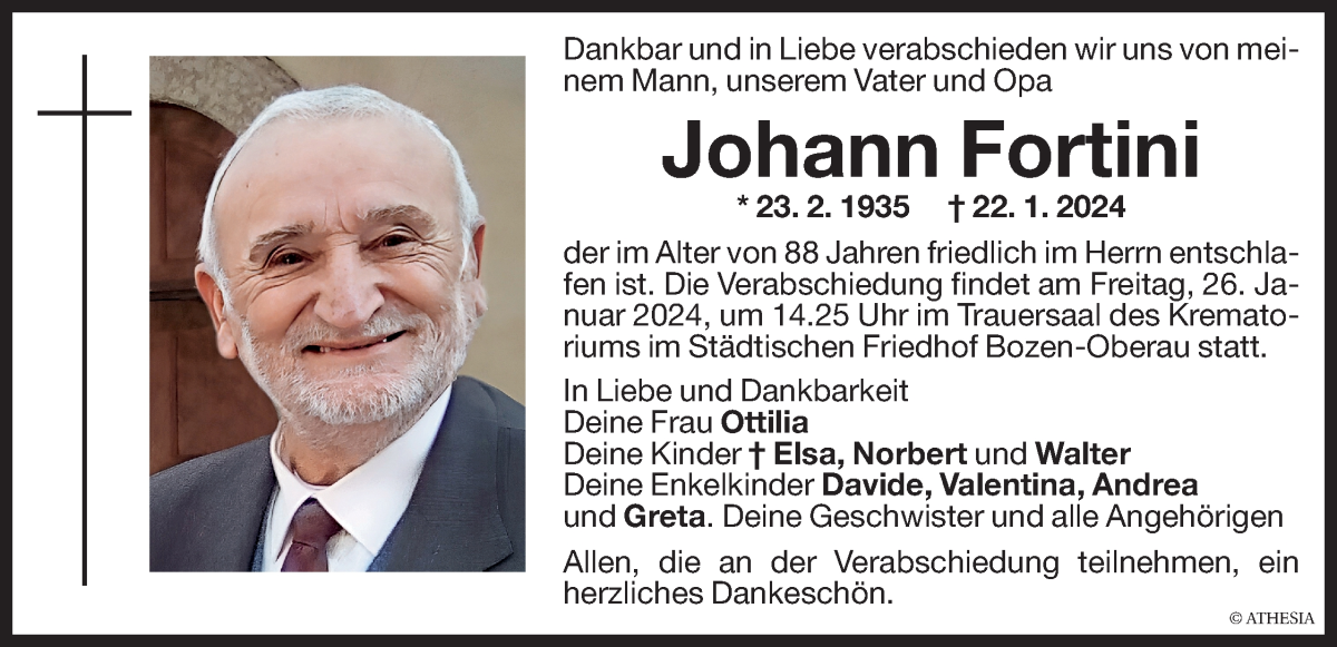  Traueranzeige für Johann Fortini vom 24.01.2024 aus Dolomiten