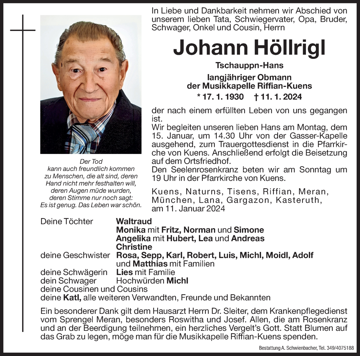  Traueranzeige für Johann Höllrigl vom 12.01.2024 aus Dolomiten