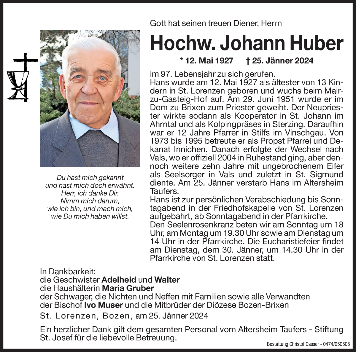  Traueranzeige für Johann Huber vom 27.01.2024 aus Dolomiten