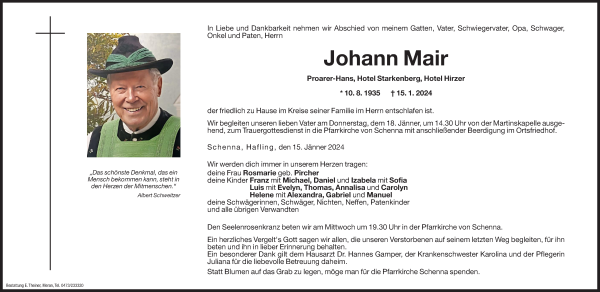 Traueranzeige von Johann Mair von Dolomiten