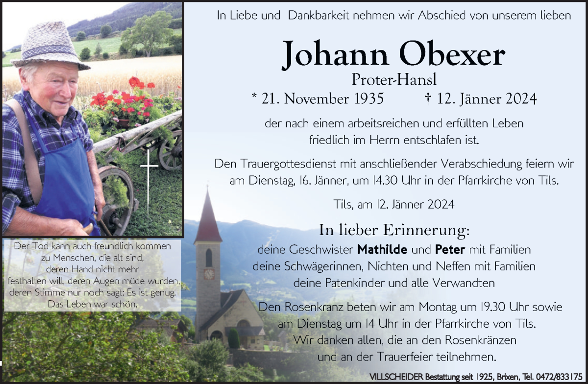  Traueranzeige für Johann Obexer vom 15.01.2024 aus Dolomiten