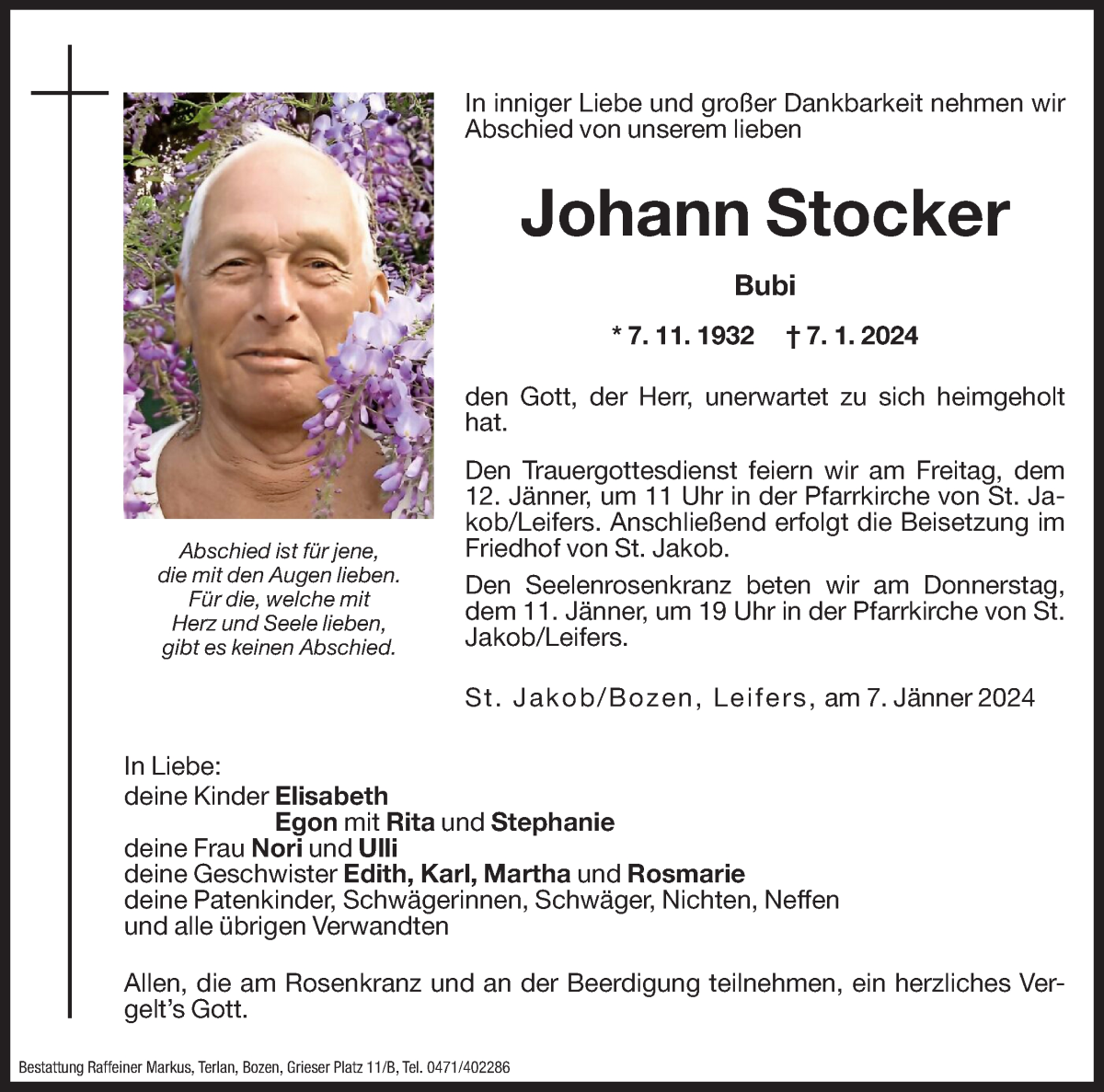 Traueranzeige für Johann Stocker vom 09.01.2024 aus Dolomiten