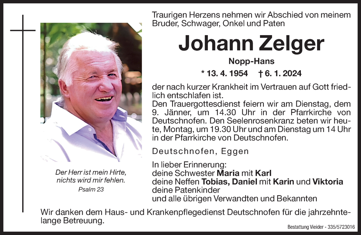 Traueranzeige für Johann Zelger vom 08.01.2024 aus Dolomiten