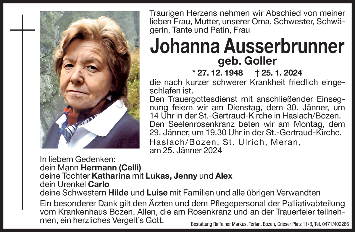  Traueranzeige für Johanna Ausserbrunner vom 27.01.2024 aus Dolomiten
