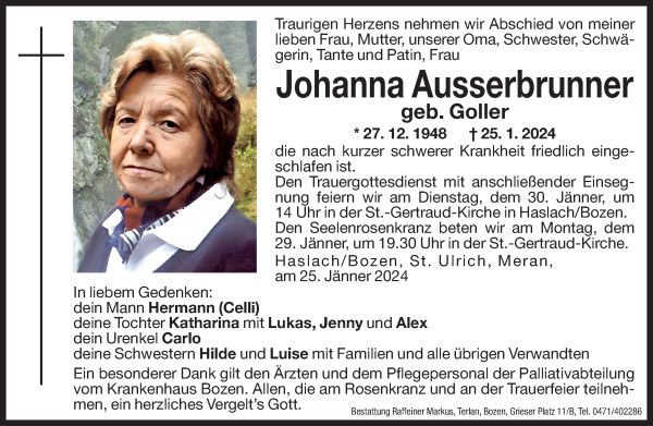 Traueranzeige von Johanna Ausserbrunner von Dolomiten