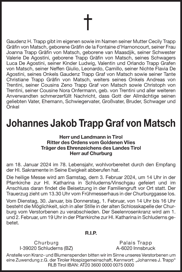 Traueranzeige von Johannes Jakob Trapp Graf von Matsch von Dolomiten