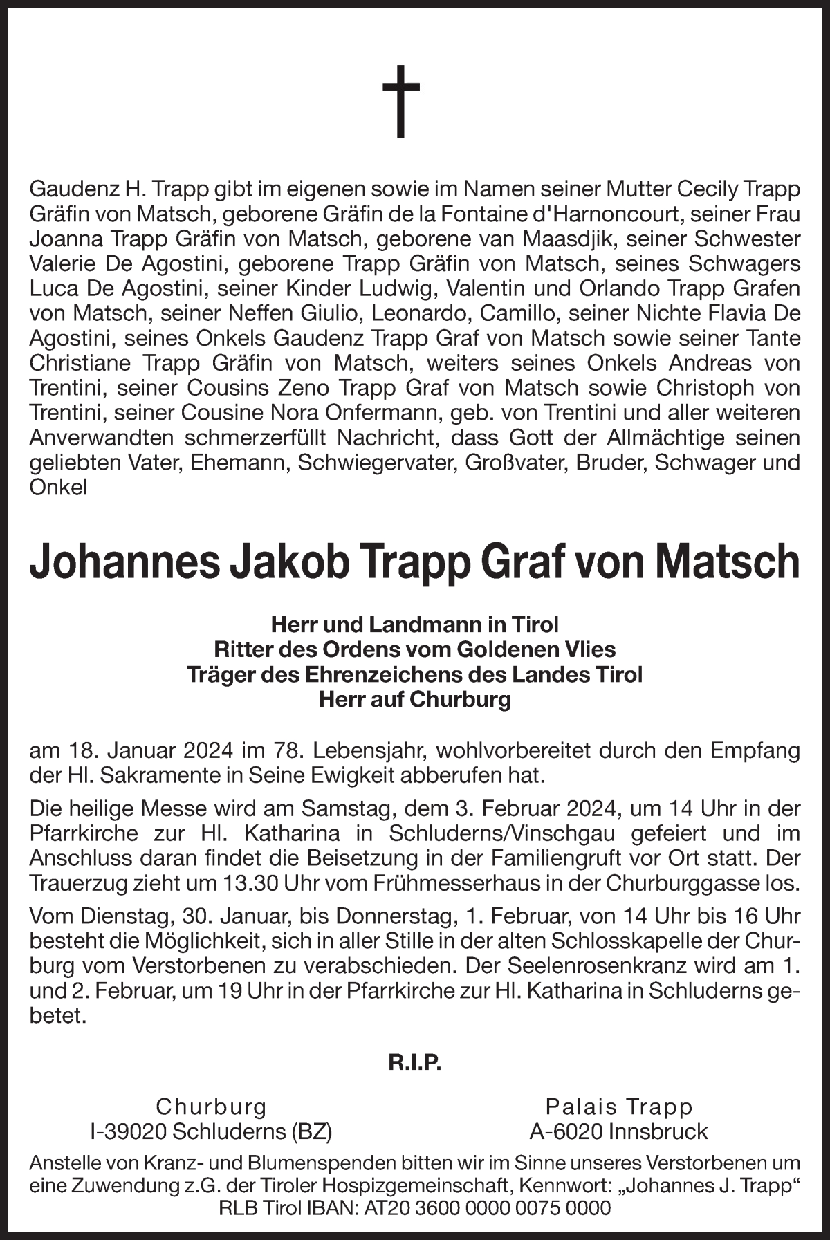  Traueranzeige für Johannes Jakob Trapp Graf von Matsch vom 26.01.2024 aus Dolomiten